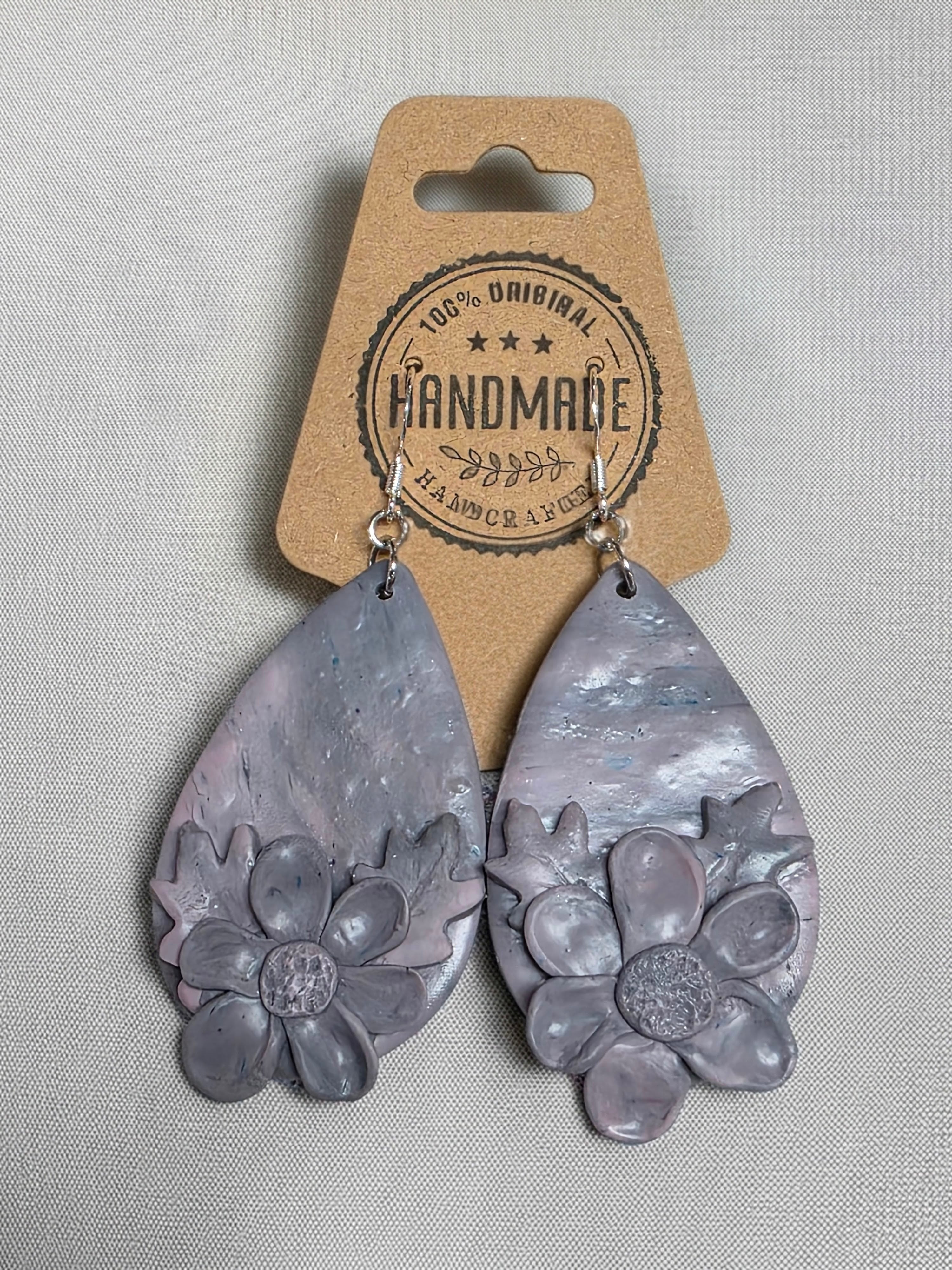 Pink and Grey Clay Earrings with 3D Flower