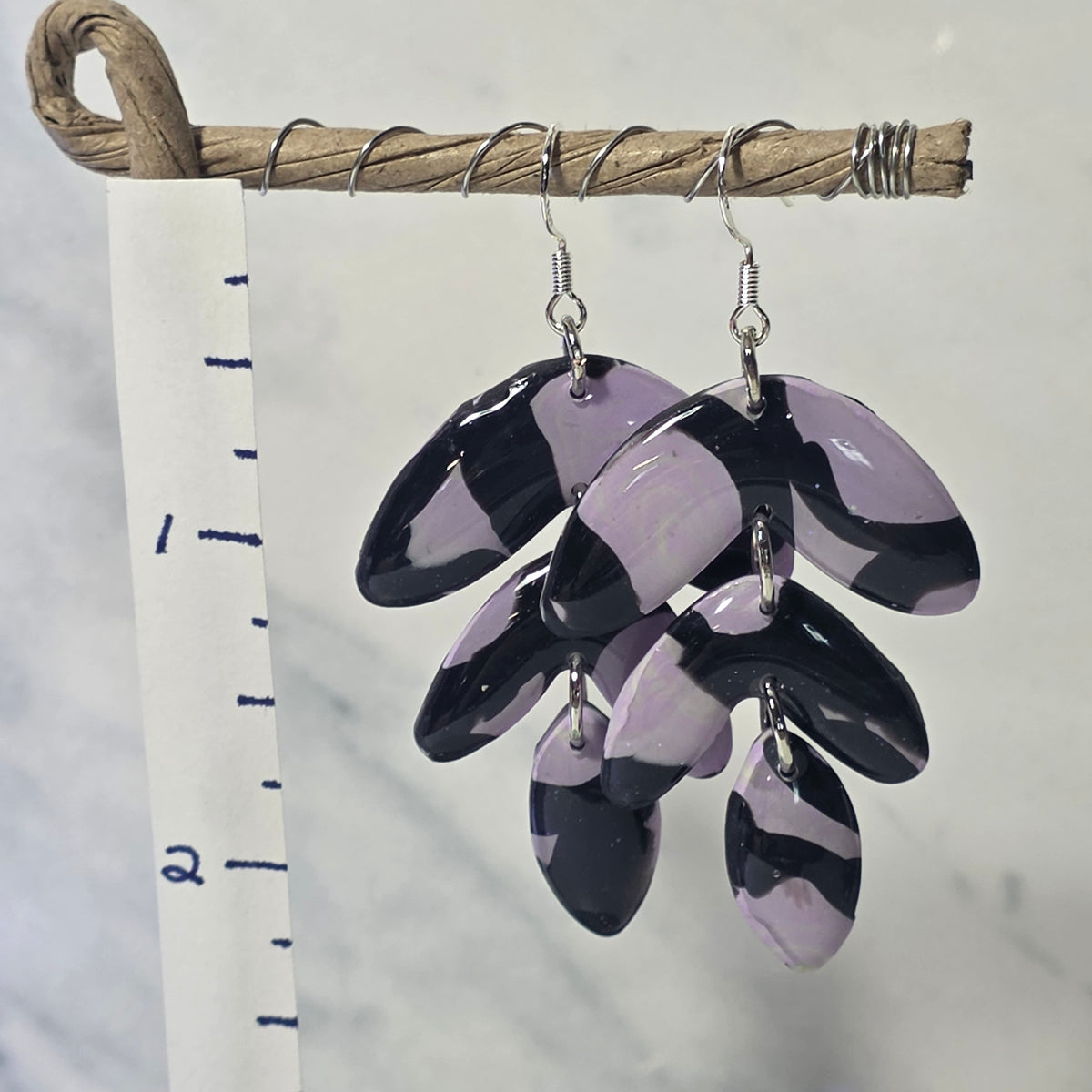 Swirled Lavender and Black Tiered Leaf Dangles